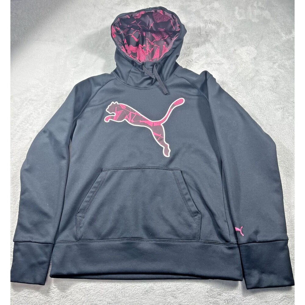 Puma Womens M  Hoodie Black Pink Puma Logo Front Pocket